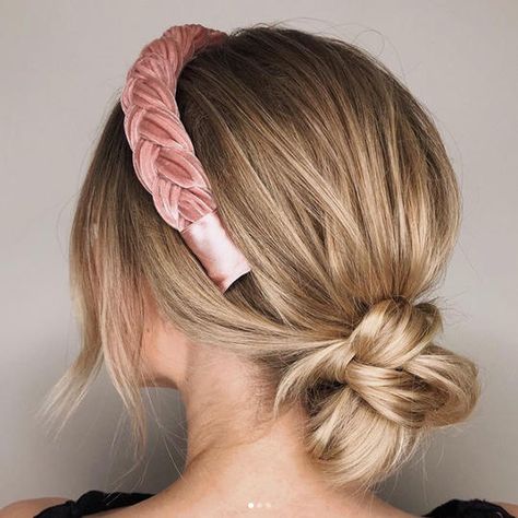 Give yourself two extra minutes in the morning to throw this low bun together. Pick a pretty headband to cap off the look. #hairstyles #updos #southernliving Low Bun Headband Hairstyles, Low Bun Headband, Short Hair Updo With Headband, Easy Updo With Headband, Bun And Headband Hairstyle, Headband Low Bun, Headband Bun Hairstyles, Hairband Updo, Hairstyles With Headbands Hair Up