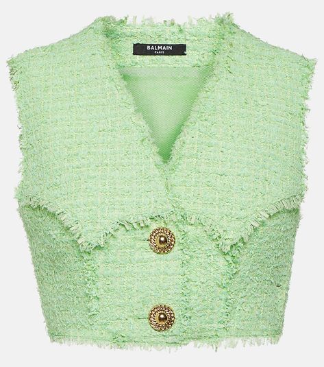 Tweed crop top in green - Balmain | Mytheresa Balmain Tweed, Tweed Crop Top, Hot Pink Fashion, Balmain Clothing, Tweed Top, Chanel Tweed, Finding My Style, Ski Sweater, Tweed Suits