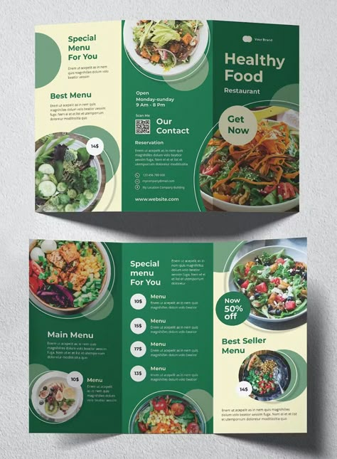 Healthy Food Trifold Brochure Template INDD Food Menu Brochure Design, Food Pamphlet Design Creative, Food Trifold Brochure Design, Food Brochure Design Ideas, Food Brochure Design Layout, Brochure Menu Design, Food Brochure Design Creative, Healthy Food Menu Design, Nutrition Poster Design