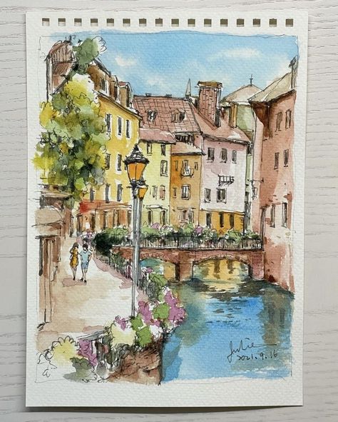 Watercolour Painting Architecture, Different Art Mediums Ideas, Watercolor Of People, Watercolour Architecture Drawings, Easy Cute Watercolor Ideas, Watercolor Art Italy, Painting Inspo Watercolor, Watercolor Buildings Architecture, Aesthetic Sketch Book Ideas