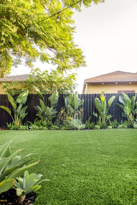 Tropical Backyard Landscaping, Landscaping Along Fence, Tropical Landscape Design, California Backyard, Tropical Garden Design, Backyard Shade, Tropical Backyard, Backyard Renovations, Backyard Inspiration