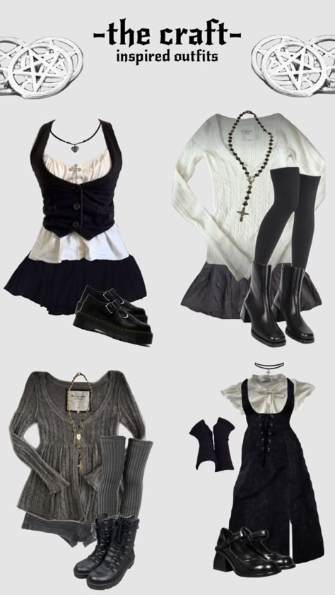 the craft inspired outfits witchy gothic #thecraft #outfits #witchy #witchyoutfit #gothic #gothicoutfit #fitinspo The Craft Legacy Outfits, Witchy Casual Outfit, Dark Witchy Outfits, Modest Gothic Outfits, The Craft Outfits Inspiration, Witchy Outfits Winter, Gothic Academia Outfits, The Craft Inspired Outfits, The Craft Outfits Aesthetic