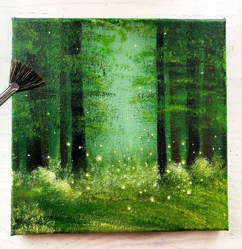 Painted Forest Background, Forest Acrylic Painting Woods, Oil Painting Forest Landscapes, Green Water Painting, Pine Forest Painting Acrylic, Cute Forest Painting, Firefly Forest Painting, Forest Stream Painting, Fireflies Painting On Canvas