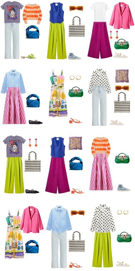 Bright Colored Outfits, Colorful Wardrobe, Colour Combinations Fashion, Dopamine Dressing, Colorful Outfits, Fashion Capsule Wardrobe, Summer Capsule Wardrobe, Summer Capsule, Mode Casual