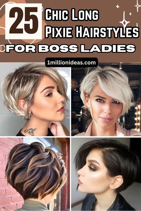 Ways To Style Long Pixie Hair, Long Pixie Bob Haircut For Thick Hair, Grow Pixie Into Bob, Short Hair Boss Lady, Short Haircuts For Growing Out Hair, Short Modern Haircuts For Women, Edgy Asymmetrical Haircut Short, Short Hairstyle Women 30s Thick Hair, Layered Long Pixie Haircut