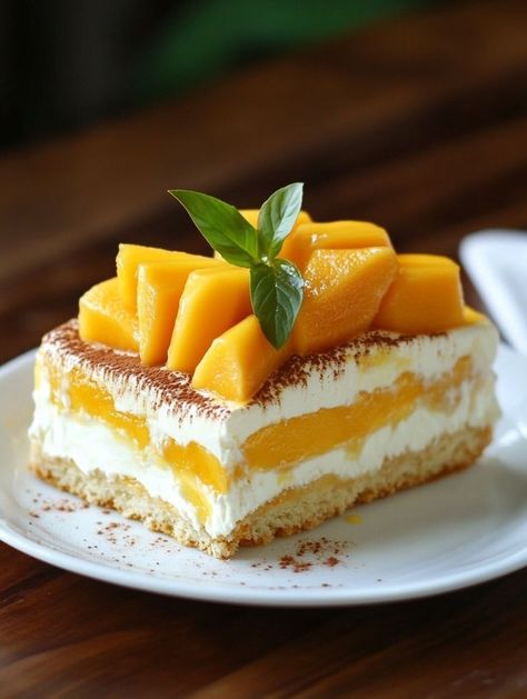 Mango Tiramisu, Mango And Passionfruit, Thickened Cream, Mango Passionfruit, Delicious Deserts, Tropical Twist, Refreshing Desserts, Mascarpone Cheese, Agar Agar