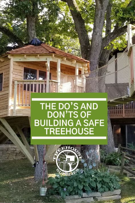 Building a treehouse can seem intimidating, with many factors to consider and the importance of safety for children or adults. It's hard to know where to start with building a treehouse, whether you're an experienced DIYer or just beginning in the world of home improvement. Therefore, we have created a guide with all the do’s and don'ts of building a treehouse. Read them all here: https://www.treehousesupplies.com/blogs/uncategorized/do-s-and-donts-of-building-a-treehouse Building A Treehouse Around A Tree, One Tree Treehouse, Shed Treehouse Combo, Treehouse Ideas For Adults, Diy Small Tree House, 3 Tree Treehouse, Diy Playground Treehouse, Platform Treehouse Plans, Free Treehouse Plans