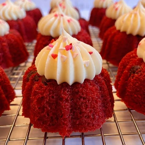 Perfect Red Velvet Cake Recipe, Cakes With Cream Cheese Frosting, Mini Bundt Cake Recipes, Mini Bunt Cake, Cakes With Cream Cheese, Red Velvet Bundt, Mini Bundt Cakes Recipes, Red Velvet Bundt Cake, Red Velvet Cakes