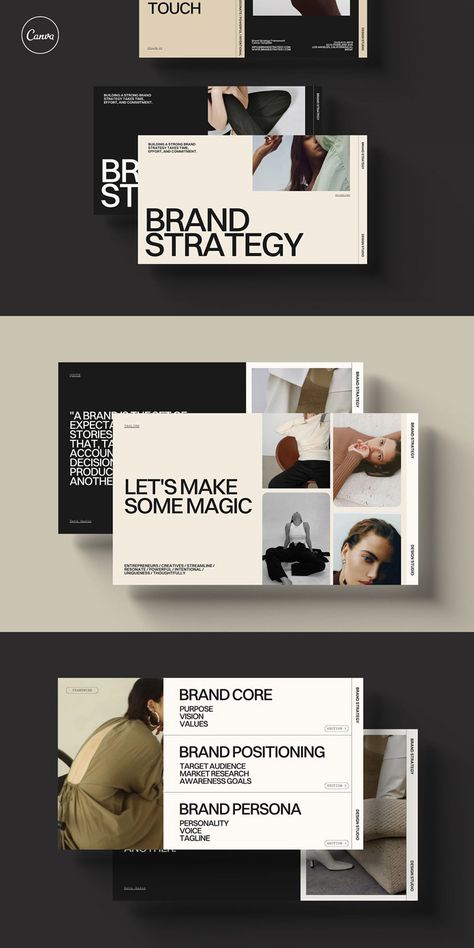 Canva Brand Strategy Framework Templates Research Framework Design, Brand Strategy Presentation Design, Branding Project Presentation, Branding Package Template, Branding Strategy Templates, Branding Presentation Template, Branding Identity Presentation, Brand Book Design Layout, Best Canva Presentation Templates