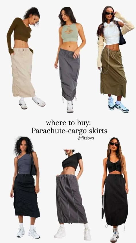 Cargo Long Skirts Outfit, Khaki Parachute Skirt Outfit, Maxi Khaki Skirt, Long Baggy Skirt Outfit, Outfits With Long Cargo Skirt, Long Skirt Cargo, Parachute Cargo Skirt Outfit, Parachute Maxi Skirt Outfit, Parachute Maxi Skirt