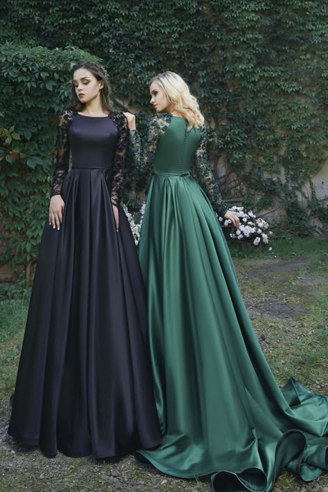 Long Sleeve Embroidered Dress, Green Wedding Dresses, Black Wedding Dress, Alternative Wedding Dresses, Grey Bridesmaid Dresses, Prom Dress Long, Chique Outfits, Satin Evening Dresses, Prom Dresses Modest