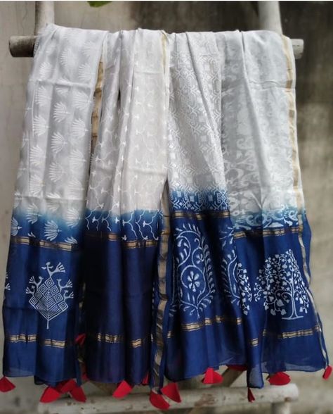 Beautiful Hand block printed cotton dupatta. Block Printed Dupatta, Cotton Dupatta Designs, Dupatta Ideas, Block Print Dupatta, Ikat Blouse Designs, Block Printed Saree, Ajrak Print, Print Scarf Design, Dupatta Design