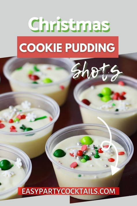 Peanut Butter Pudding Shots, Sugar Cookie Pudding Shots, Vanilla Pudding Shots, Holiday Jello Shots, Holiday Pudding, Chocolate Pudding Shots, Cookie Pudding, Pudding Shot Recipes, Peanut Butter Pudding