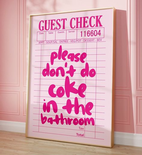 Hot Pink Wall Art, Guest Check Print, Hot Pink Walls, Preppy Decor, Guest Check, Pink Bar, Bar Cart Art, Bar Poster, Wall Art Funny