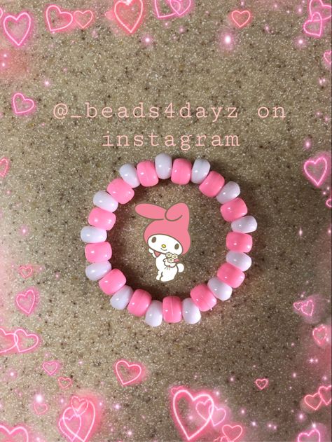 Bracelet Ideas Big Beads, Pink Kandi Bracelet, My Melody Kandi, My Melody Bracelet, Pink Bracelets, Kandi Inspo, Pony Bead Bracelets, Diy Kandi, Beaded Braclets