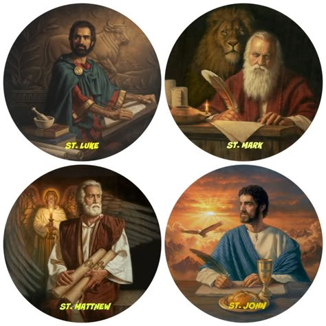 Apostles Of Jesus, Synoptic Gospels, Matthew Mark Luke John, The Twelve Apostles, Four Gospels, Christian Activities, Virgin Mary Art, Catholic Pictures, Kutch Work Designs