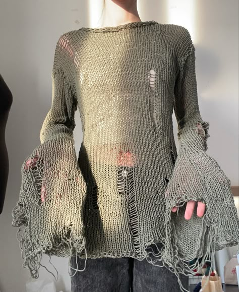 Post Apocalyptic Knitwear, Subversive Sweater, Torn Outfit, Subversive Knitwear, Tim Burton Crochet, Distressed Knitwear, Ripped Jumper, Grunge Knitwear, Witch Dance