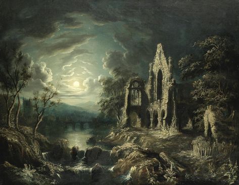 Henry Rothwell on Twitter: "Tonight's goodnight image is 'Moonlit river landscape with a ruined priory', attributed to Sebastian Pether (1790–1844), oil on canvas. Sleep tight.… https://t.co/kO1y98FMvf" Sebastian Pether, Gothic Romanticism, Dark Romanticism, Infinite Void, Dark Paintings, Moonlight Painting, River Landscape, English Artists, Gothic Aesthetic