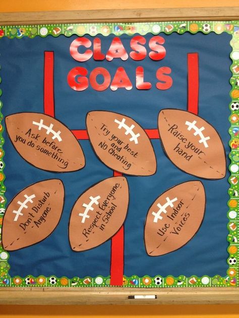 Football Bulletin Boards, Sports Bulletin Boards, Class Goals, Pe Bulletin Boards, Sports Theme Classroom, Goals Football, Don't Disturb, Team Theme, Sports Classroom