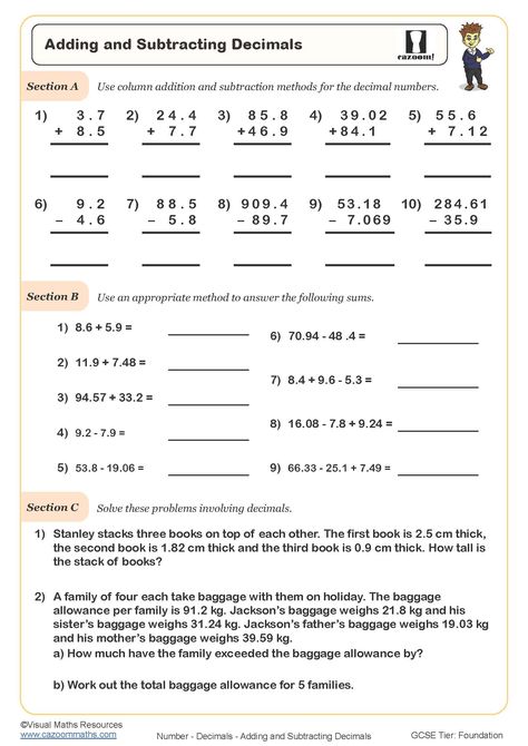 Math For 5th Graders, Year 9 Maths Worksheets, Subtracting Decimals Worksheet, Subtract Decimals, Adding And Subtracting Decimals, Decimals Addition, Printable Multiplication Worksheets, Decimal Word Problems, Adding Decimals