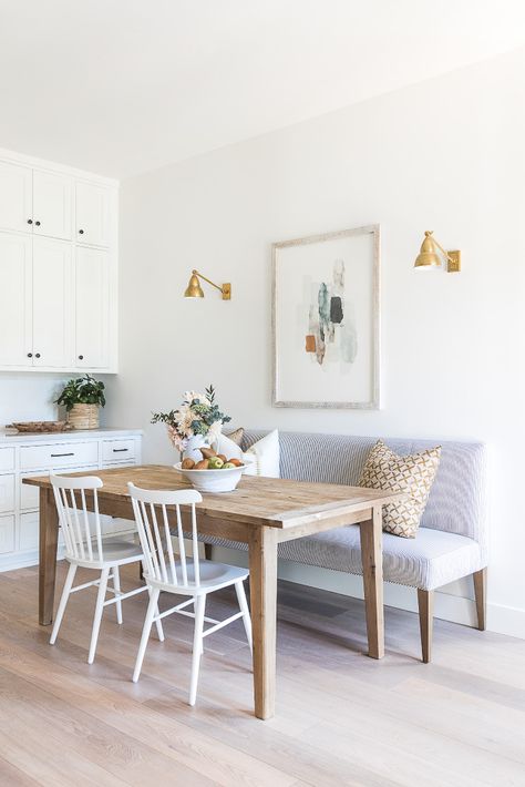 Dining Set Small Space, Small Corner Dining Area, Tiny Home Dining Area, Small Dining Area In Living Room, Wood Table With White Chairs, Dining Room Table Small Space, Small Dining Table With Bench, Wood Table White Chairs, Small Kitchen With Dining Area