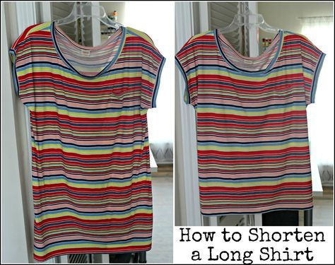 How To Shorten A T Shirt Without Sewing, How To Shorten A Shirt Without Sewing, Shirt Alterations, Sewing Tshirt, T Shirt Tutorial, T Shirt Hacks, Shirt Tutorial, Sewing Alterations, Sewing Tricks