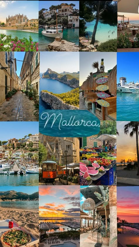 beautiful Mallorca 💙. What collage should I do next? Lmk and I'll do it. 💙 #beach #sun #mallorca #spain #love #holiday #summer #sea #boats #happiness #viral #fyp Wishen Board, Mallorca Spain Aesthetic, Mallorca Aesthetic, Mallorca Summer, Spain Honeymoon, Mallorca Beaches, Spain Mallorca, Spain Aesthetic, Spain Vacation