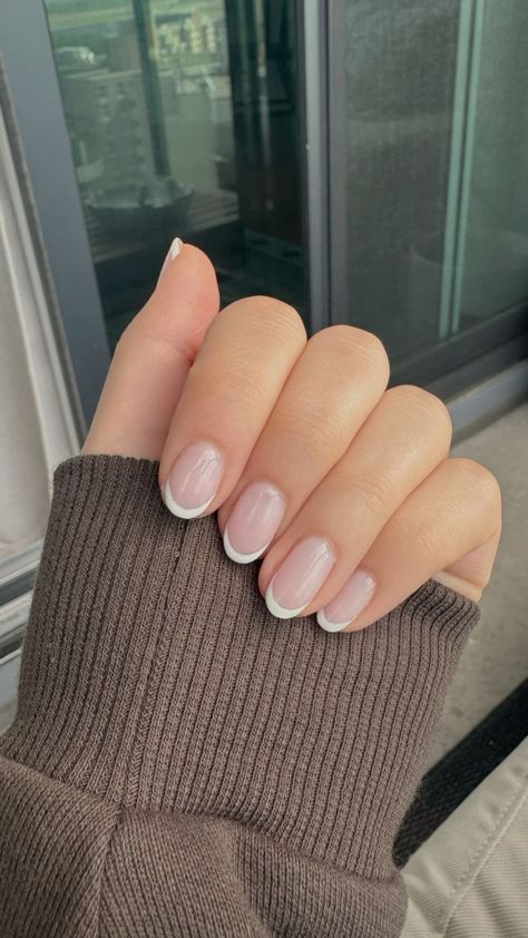 Short Almost French Nails, Neutral Almond Nails French Tip, Very Short Almond French Tip Nails, Short Nail Inspo Neutral, Short French Tip Polygel Nails, French Nails Almond Shape Short, French Vs American Nails, Short Almond Nail Shape, Classic French Tip Nails Almond