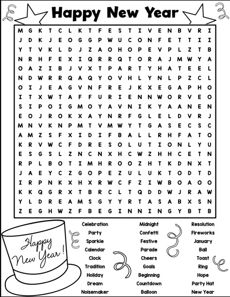 Print out this free New Year's word search! New Year's Kids Activities, 2025 Ideas New Year, New Year One Word Activity, New Years Activities 5th Grade, Esl New Years Activities, New Years Themed Activities For Kids, New Years Reflection Questions Kids, News Year Eve Activities For Kids, Nye Coloring Page