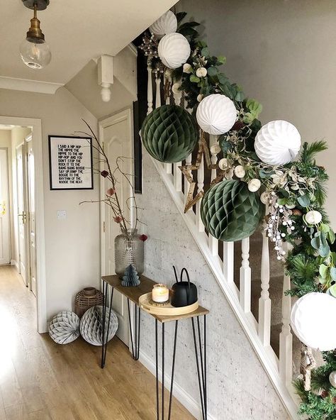 All Posts • Instagram Festive Staircase, Christmas Garland On Stairs, Christmas Banister, Christmas Hallway, Christmas Stairs Decorations, Christmas Staircase Decor, Christmas Stairs, Christmas Staircase, Globe Ceiling Light