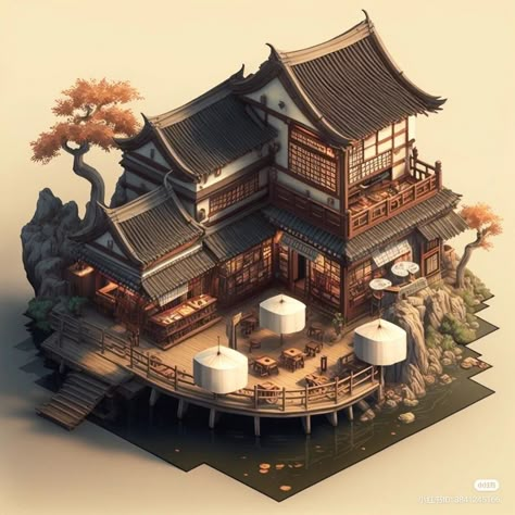 Japanese House Fantasy Art, Japanese Concept House, Traditional Asian Architecture, Fantasy Japanese House, Samurai Architecture, Japanese House Concept Art, Japanese Buildings Traditional, Japanese Mansion Traditional, Japan Architecture Traditional