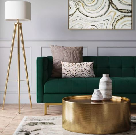 17 Pieces Of Furniture From Target That People Actually Swear By Emerald Green Chair Bedroom, Green Couch Wayfair, New York Living Room Decor, Green And Gold Apartment Aesthetic, Green Sofa Furniture, Emerald Green White And Gold Living Room, Green Accent Apartment, Emerald Apartment Decor, Living Room Decor With Green Couch