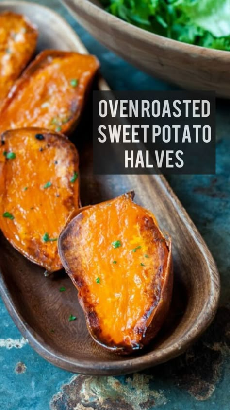 Oven Roasted Sweet Potato Halves 28 Sweet Potato Oven, Sweet Potato Recipes Roasted, Oven Roasted Sweet Potatoes, Sweet Potato Dishes, Sweet Potato Recipes Healthy, Sweet Potato Recipes Baked, Yams Recipe, Roasted Sweet Potato, Potato Recipes Side Dishes