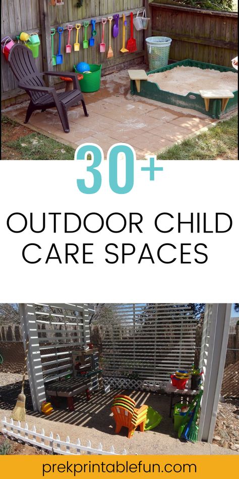 Outdoor Set Up Childcare Play Areas, Small Outdoor Play Area For Toddlers, Deck Play Area For Kids, Toddler Outdoor Play Area Ideas, Diy Outdoor Toddler Play Area, Outdoor Toddler Play Area Backyard Ideas, Outdoor Play Spaces Preschool, Daycare Backyard Ideas, Porch Play Area For Kids