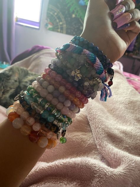 Nails And Bracelets, Wrist With Bracelets, Bunch Of Bracelets On Wrist, Bracelet Collection Aesthetic, Beaded Bracelets Stacked, Bracelet Asethic, Y2k Bracelets Aesthetic, Pinterest Wrist Bracelets, Wrist Full Of Bracelets