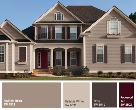 Beige brown and red exterior paint trend 2015 Brown Siding, Exterior Paint Combinations, Neutral House, Brown Roofs, Exterior Paint Color Combinations, Exterior Paint Schemes, Exterior Color Palette, Best Exterior Paint, Glass Railings