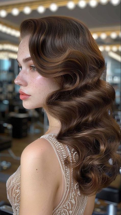 Hollywood Inspired Hairstyles, Hollywood Waves Pinned Back, Hair Styles Grad, Hairstyle Inspo For Prom, Hairstyles For A Ball Gown, Wedding Hair Elegant Down, Waves Hairstyle Women, Classic Glam Wedding Hair, Old Style Curls