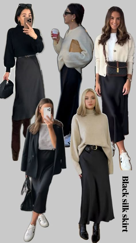 Capsule wardrobe items with a black silk skirt + sweater + belt + boots OR Switch out for white sneakers + neutral cardigan Pear Shapes, 2023 Summer Outfits, Pear Body, Pear Body Shape, Satin Skirt, Silk Skirt, Fall 2024, Body Shape, Personal Stylist