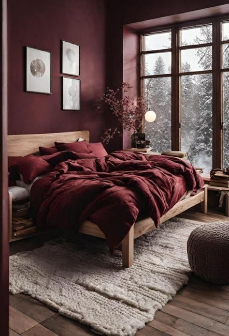 Bordeaux Bedroom Ideas, Wine Colored Bedroom Walls, Deep Red Bedroom Walls, Maroon House Decor, Burgundy Apartment Decor, Dusty Red Bedroom, Romantic Bed Aesthetic, Dark Red Accent Wall Bedroom, Beige And Maroon Bedroom