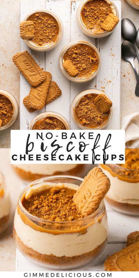 No-Bake Biscoff Cheesecake Cups are creamy, rich and loaded with the delicious taste of cookie butter. This dessert is easy to make and great for any occasion! Cookie Butter Dessert Cups, Biscotti Cheesecake Cups, Biscoff Dessert Shooters, Easy Work Desserts, No Bake Mini Biscoff Cheesecake, Mini Cookie Butter Cheesecake, Biscoff Cheesecake Shooters, Desserts Made With Biscoff Cookies, Baked Cheesecake Cupcakes