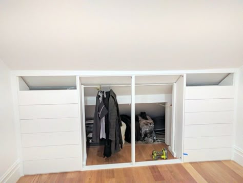 Under-eaves wardrobe IKEA METOD hack Loft Conversion Bedroom, Attic Bedroom Storage, Eaves Storage, Attic Wardrobe, Attic Bedroom Designs, Attic Closet, Ikea Wardrobe, Loft Storage, Attic Bedrooms