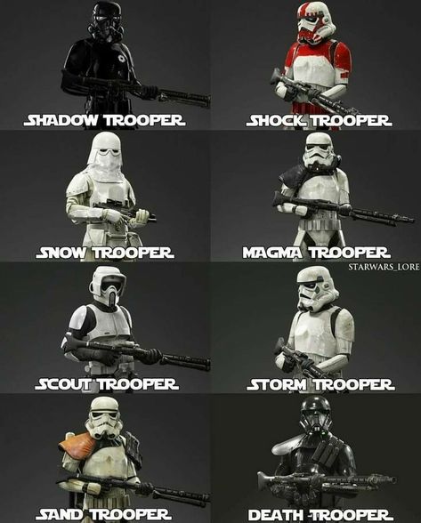 Different Types Of Stormtroopers, Stormtrooper Types, Starwars Trooper, Imperial Star Wars, Star Wars Trivia, Snow Trooper, Empire Star Wars, Star Wars Clones, Star Wars Infographic