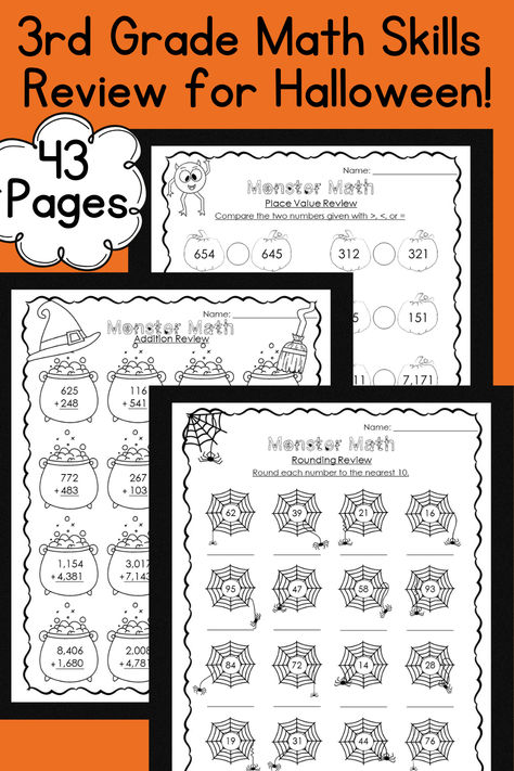 Make math review fun with these Halloween-themed math practice and color by number worksheets! This no prep Halloween math activities for 3rd grade printable resource includes 43 pages. These are the perfect addition to your fall lesson plans for September and October. You can use these as independent practice after teaching/reviewing a skill, complete a couple each week during the Halloween season, and/or put them out for early finishers! Halloween 3rd Grade Math, Halloween Math Games 3rd Grade, Halloween Math Activities 3rd Grade, Halloween Activities For Third Grade, Lesson Plans For September, Halloween Math Third Grade, Math Activities For 3rd Grade, Third Grade Halloween, 3rd Grade Math Review