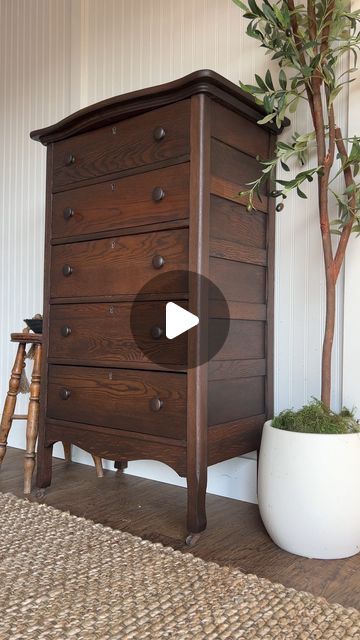 Breeya Shade on Instagram: "A beautiful antique dresser for FREE?! I thought I was dreaming.   There was never a moment where I thought about doing anything other than restoring this piece. I used my @surfprepsanding orbital & 3x4 sanders to get it down to raw wood then applied my favorite @varathane stain to bring the wood back to life. I top coated with @howard_products wax and added fabric to the drawers instead of wallpaper which was so much easier! I saw @abby_roadhome add fabric to her walls and knew I needed to try it on a piece of furniture.   Comment “products” for a direct link to everything I used   #antique #dresser #furnitureflip #curbsidefind #freefurniture #restoration" Wood And Green Furniture, Antique Dressers For Sale, How To Add Legs To A Dresser, Broyhill Dresser Makeover, Antique Furniture Decor, Dresser Makeover Nursery, Black Dresser Hardware, Antique Dresser With Mirror Makeover, Brown Painted Furniture