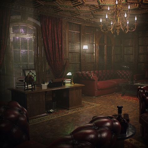 Substance Signature - Victorian Office / Environment Art - by Jonathan BENAINOUS, Jonathan BENAINOUS on ArtStation at https://www.artstation.com/artwork/0XgreE Old Mansions Interior, Victorian Office, Manor Interior, Victorian Manor, Old House Interior, Wall Fabric, Victorian Interior, Wood Ceiling, Victorian Mansions