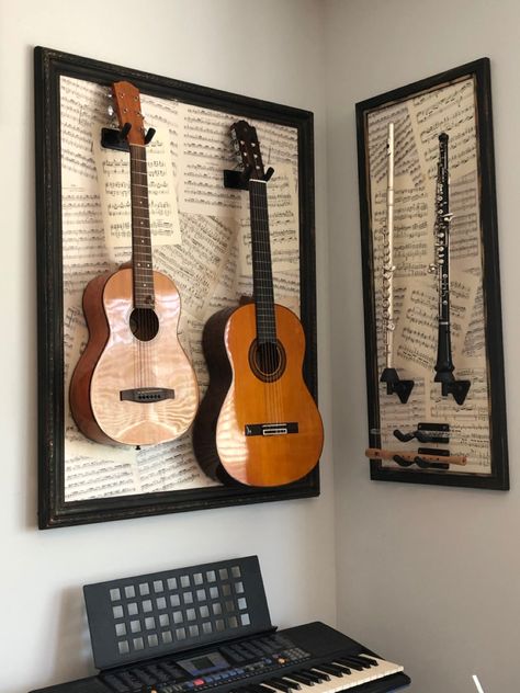 Decorating With Instruments, How To Display Guitars, Guitar Wall Living Room, Wall Mounted Guitar Ideas, Hang Guitar On Wall Ideas, How To Hang Guitars On The Wall, Guitar Aesthetic Bedroom, Black And White Music Room Ideas, Ukulele Display Ideas