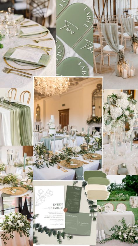 Light Sage Green Wedding Color Schemes, Classy Sage Green Wedding, Green Wedding Palette Colour Schemes, Diy Sage Green Wedding Decor, Sage Green White And Gold Wedding Theme, Sage Green Wedding Mood Board, Simple Wedding Theme Ideas Color Schemes, Pistachio Wedding Theme, Eucalyptus Wedding Colors