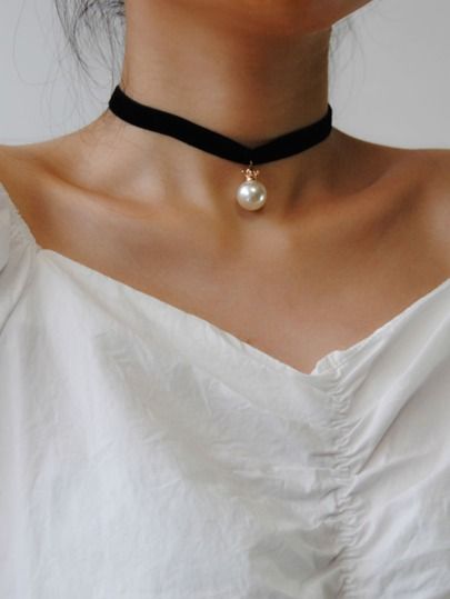 Beads Neckless, Chocker Neckless, Elegant Choker, Ribbon Choker, Black Velvet Choker, Black Choker Necklace, Pearl Decor, Ribbon Necklace, Velvet Choker