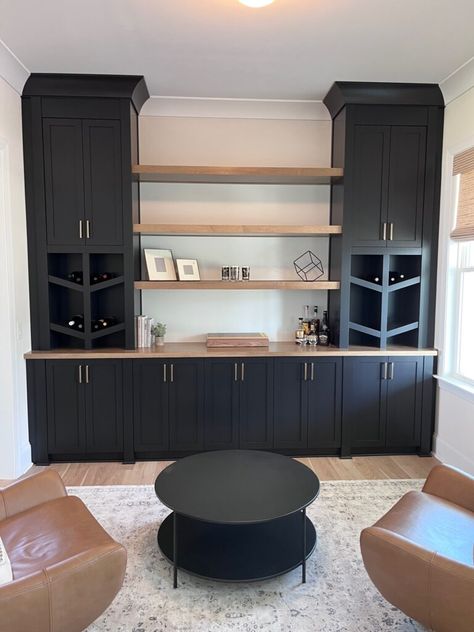 Built in Bars - Autumnwood Designs Built In Wall Unit Dining Room, Wall Bar Cabinets, Snack Bar Ideas Basement, Black And Wood Built In Shelves, Built In Shelves With Bar, Bar With Bookshelves, Dinning Room Built In Bar, Social Room Ideas, Black And Wood Built In