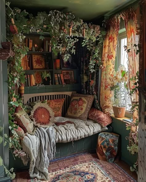 Radical Design, Reading Nook Ideas, Boho Style Bedroom, Flower Bedroom, Book Corner, Nook Ideas, Ideas Hogar, Dream Book, Beaded Curtains